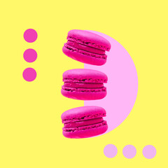 Three pink macaroons cookies float in the air. collage art. - 516143309
