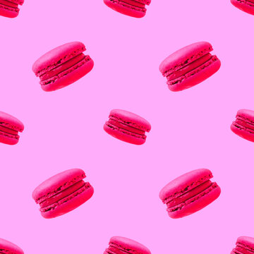 Creative concept of macaroon cookies on pink background. Minimalism. collage art. Seamless pattern.
