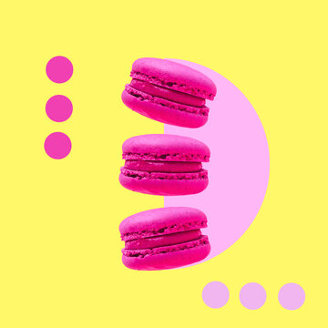 Three pink macaroons cookies float in the air. collage art.