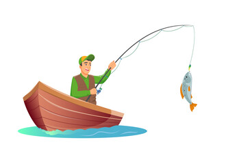 Fisherman in a wooden boat caught a big fish on a fishing tackle