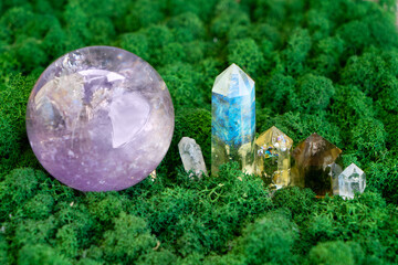 Healing crystals on brown background