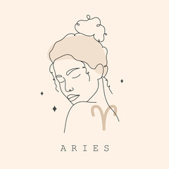 Aries zodiac sign. One line drawing. Astrological icon with abstract woman face. Mystery and esoteric outline logo. Horoscope symbol. Linear vector illustration in minimalist style.