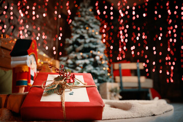 Festive interior in photo studio. Close-up of gift box and New Year's atmosphere on background. Christmas tree, plaid with colorful pillows on floor, Nutcracker figurine and bright garlands on walls.