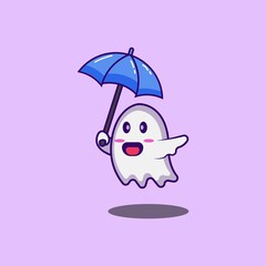Obraz na płótnie Canvas floating white ghost character using vector logo icon umbrella