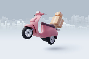 3d Vector Scooter with Box, Delivery Courier service, Time to shopping concept.