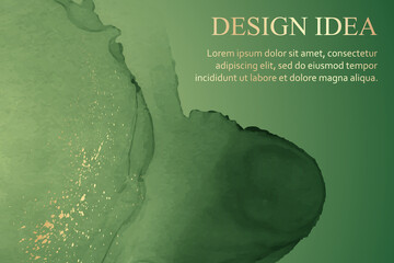 Modern watercolor background or elegant card design or wallpaper or poster with abstract green ink waves and golden splashes.