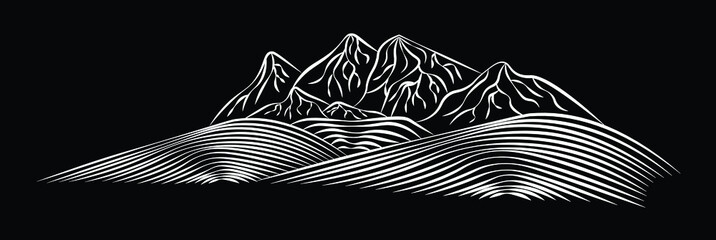 Chalk illustration of mountains, rocks vector isolated illustration on dark background. Concept for logo, print, cards, wine, sport