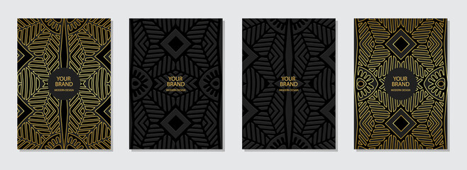 Artistic cover set, vertical vector templates. Collection of black backgrounds with 3d geometric golden stripes pattern. Tribal ethnic style of East, Asia, India, Mexico, Aztecs, Peru.