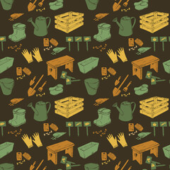 Bright colorful seamless pattern with silhouette garden tools, watering can, boots, shovels, seeds. Endless texture with green brown yellow elements on dark green background. Vector illustration.