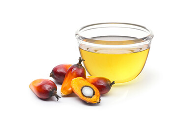 Palm oil with fresh palm nuts isolated on white background