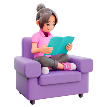 3d render cute girl sit crossed legs hold book studying at home