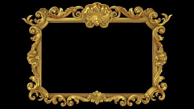 Royal, golden, antique, rectangular empty picture or mirror frame, richly decorated, rococo ornate ornaments, 3D looping animation with alpha matte. Front view, gently moving lights and reflections.