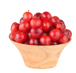 Felted cherry in wooden cup isolated on white background