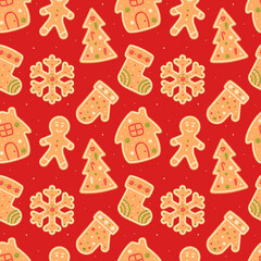 Gingerbread man, snowflake, mitten, stocking. Christmas red seamless pattern. Flat, cartoon, vector