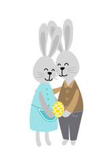 Pair of Easter Bunnies. Easter present. Gift. Bunny. Egg. Flat, cartoon, isolated. Flat, cartoon, isolated