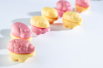 Various edible animals made from chewing marmalade with the addition of natural juices.  Yellow and pink flowers on a white background.  Children's sweets