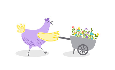 Chicken, wheelbarrow, blooming flowers. Hen, barrow. Flat, cartoon, isolated