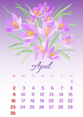 April 2023 vertical calendar page with pale lilac crocuses on a light purple gradient background