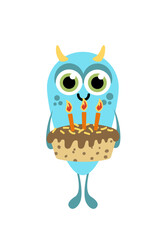 Monster birthday. Kind blue monster with antler and cake. Flat, cartoon, vector