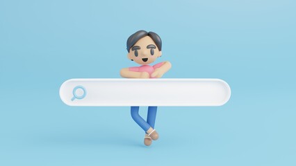 Vocrub character with search bar,  SEO searching, Minimal blank search bar on pastel blue background, Web search browser, 3D rendering illustration concept