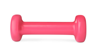 Pink dumbbell isolated on white. Weight training equipment