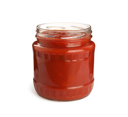 Glass jar of delicious canned lecho isolated on white