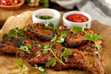 Traditional georgian dish - chicken tabaka on wooden background in rustic style. Roasted whole chicken in georgian style on wooden table. Chicken tabaka with sauces in rustic style.