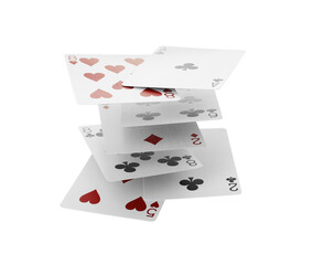 Different playing cards floating on white background. Poker game