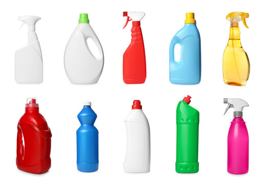 Set with different cleaning products on white background