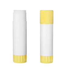 Two glue sticks on white background, collage