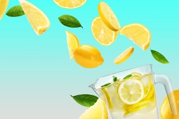 Glass jug with natural lemonade, fruits and green leaves flying on color background