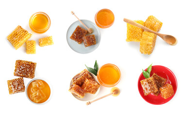 Set with tasty natural honey on white background, top view