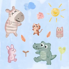 Fotobehang Set of cute nursery watercolor cartoon animals © Atstock Productions