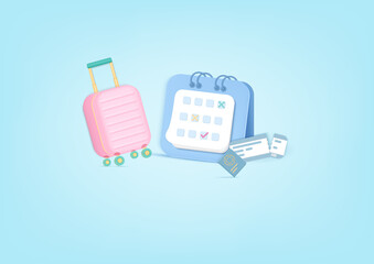 3D trip planning travel concept, travel bag, tourism, passsport, boarding pass ticket, calender. Pastel background. Minimal cartoon icon.