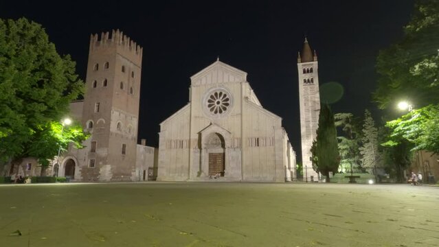 Night view of the ancient basilica of San Zeno, Verona, Italy, time lapse