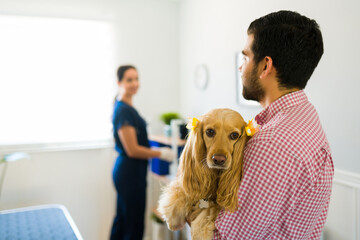 Male dog owner carrying her sick dog after a surgery at the vet