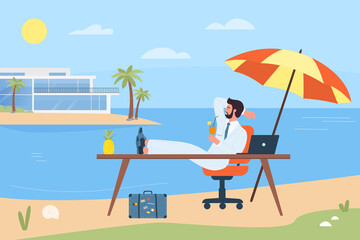 Obraz na płótnie Canvas Relax vacation time on beach of happy businessman with feet up on office desk vector illustration. Cartoon young manager with cocktail and suit enjoy sun, sea and sky of paradise island background