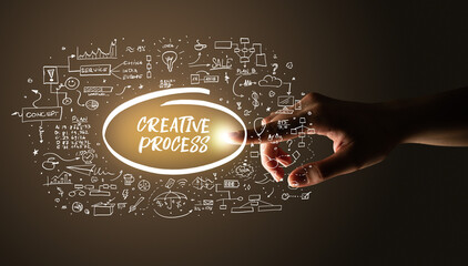 Hand touching hand drawn icons