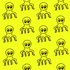Beautiful background of octopus drawn with black marker on yellow paper. Pattern from exotic marine animals. Vacation concept. Print for bed linen.
