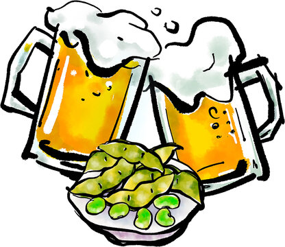 「枝豆（えだまめ）とビール」の手書きイラスト（筆書き墨絵風）