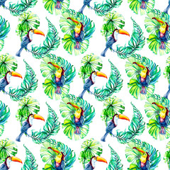 Toucan tropical bird and palm leaves watercolor seamless pattern isolated. © Ekaterina Lanbina