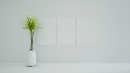 empty white room interior with Dragon Tree plant in a white pot and three posters mockup on the wall, day light