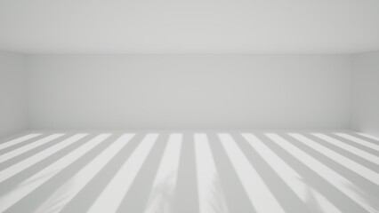empty huge white room,empty space interior, sunlight on the floor and shadows tropical plants and stripes