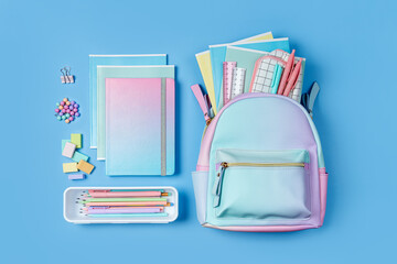 School backpack and stylish colored stationery is arranged in organizers. Creative Organizing....