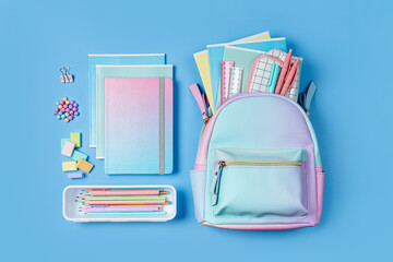 School backpack and stylish colored stationery is arranged in organizers. Creative Organizing. Storage office supplies. Concept back to school.