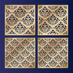 Laser cut design set square panel templates with damask pattern, vector.