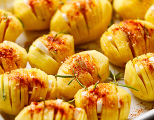 Raw traditional Swedish dish Hasselback potatoes with additional herbs and spices  prepared to...