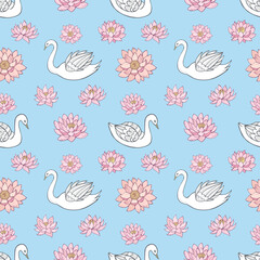 Seamless vector pattern of swans and lotuses. Decoration print for wrapping, wallpaper, fabric, textile.