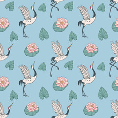 Seamless vector pattern of cranes, lotuses and water lilies. Decoration print for wrapping, wallpaper, fabric, textile.