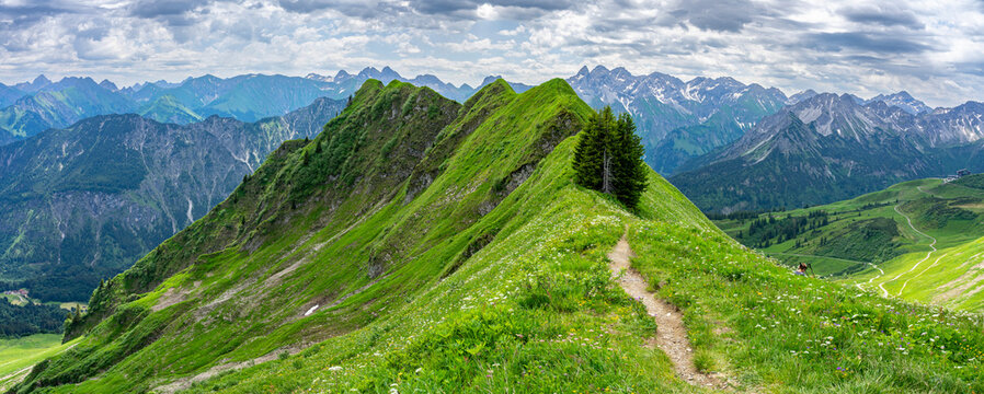 Urlaub im Kleinwalsertal, Österreich: Wanderung in der Nähe von Riezlern auf dem Grat zum Fellhorn - Weitwinkel Panoramablick